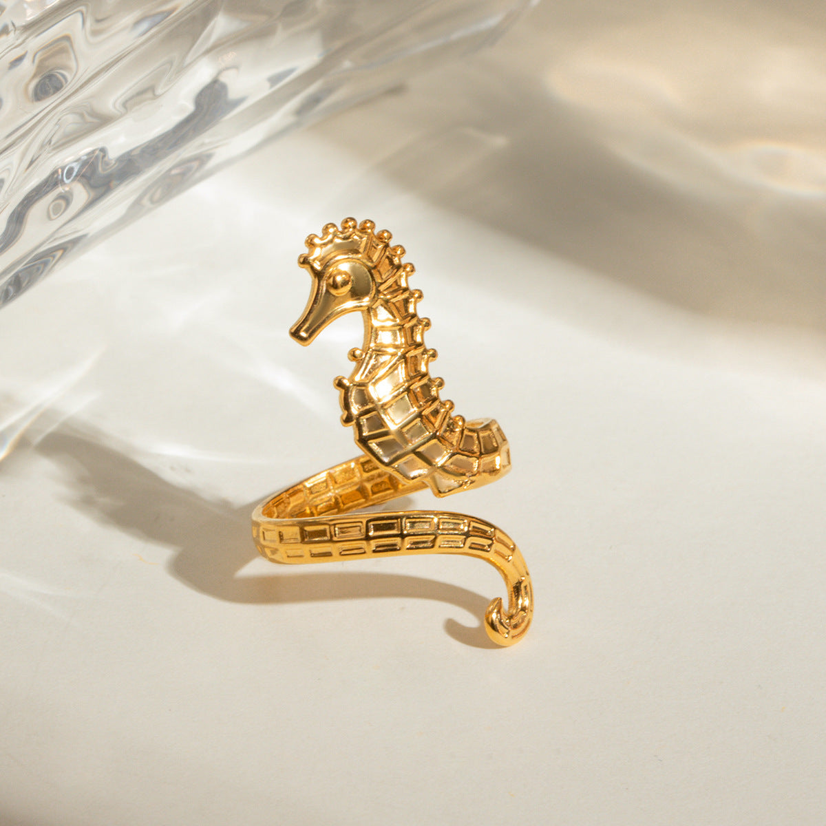 Ocean 18K Gold Stainless Steel Seahorse Opening Ring - DropOnline.co