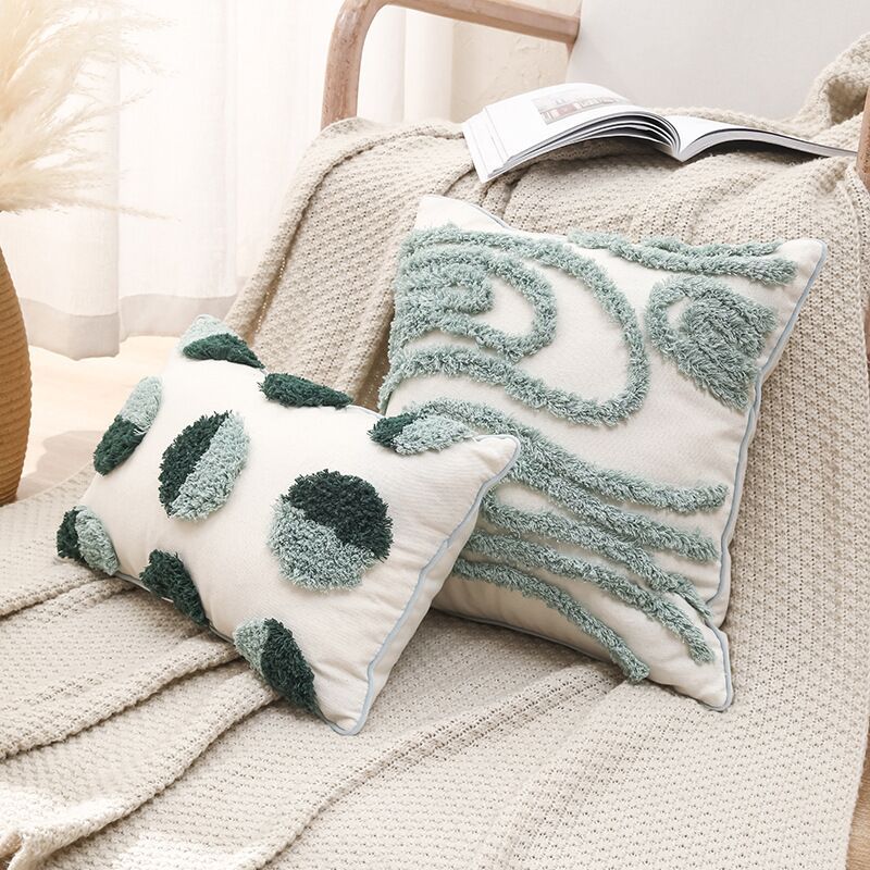Nordic Moroccan Ins Wind Tufted Pillow Living Room Sofa Tassel Cushion Model Room Pure Cotton Pillowcase Green - DropOnline.co