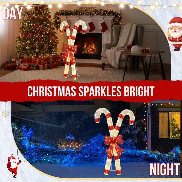 Lighted Candy Cane & Red Bowknot Christmas Decorations - 100 LED Lights - DropOnline.co