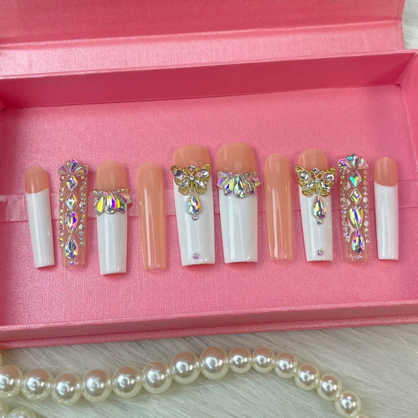 GGDDSHA Nails Press On Nails Medium Fake Nails FalseNails With 3D Flower Designs Nail Press Ons French TipHandmade Acrylic Artificial Nails Summer Natural Stick OnNails For WomenOpal Whisper - DropOnline.co