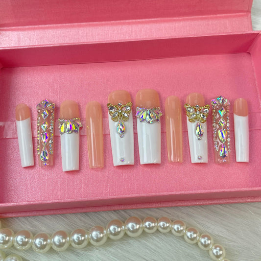 GGDDSHA Nails Press On Nails Medium Fake Nails FalseNails With 3D Flower Designs Nail Press Ons French TipHandmade Acrylic Artificial Nails Summer Natural Stick OnNails For WomenOpal Whisper - DropOnline.co