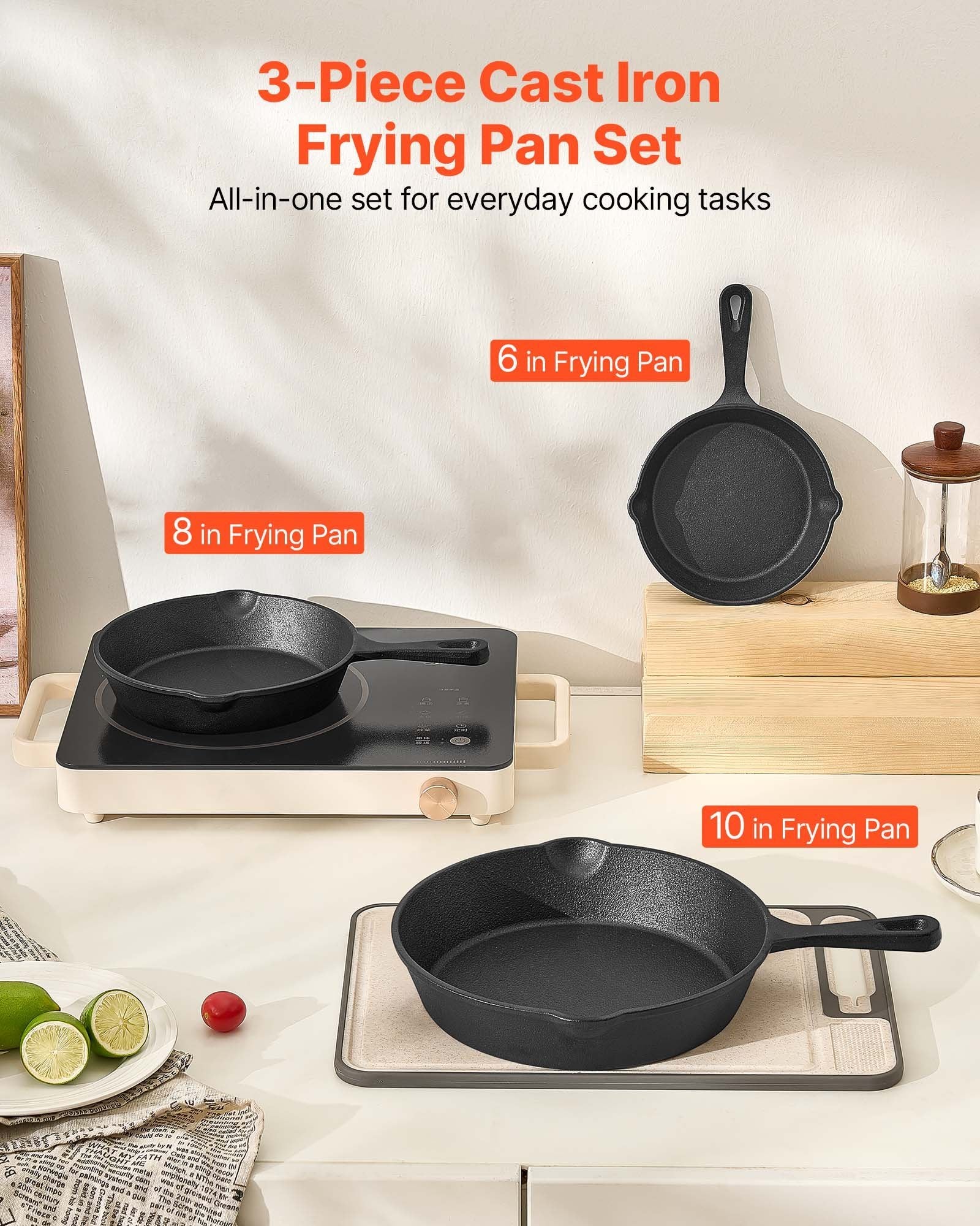 3 Piece Cast Iron Skillet Frying Pan Set 6 8 10 In Handle Pre-Seasoned Black - DropOnline.co