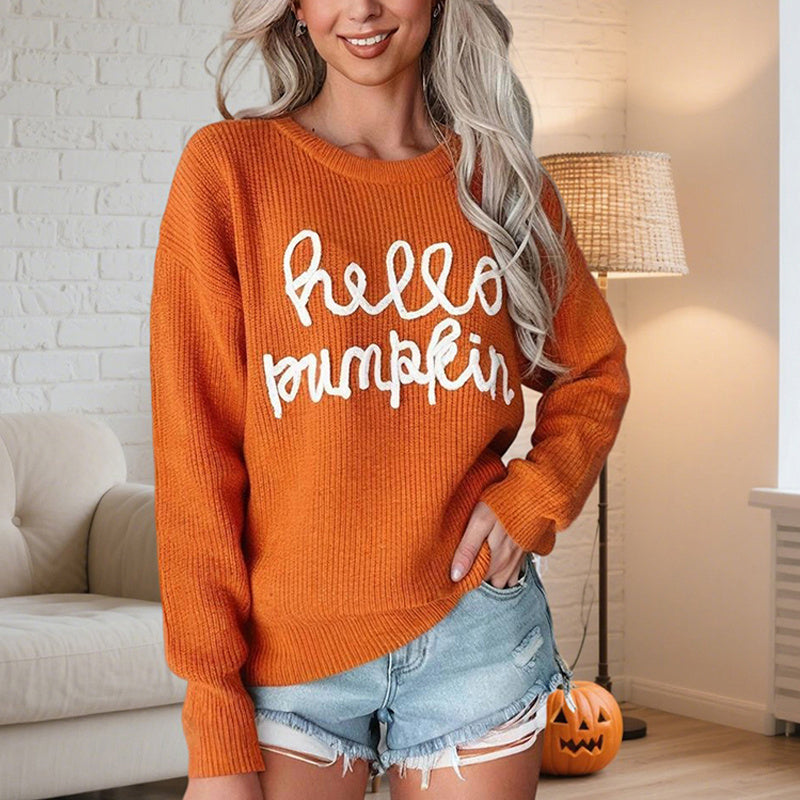 Women's Casual Round Neck Long Sleeve Letter Graphic Sweater Fall Winter Warm Comfortable Pullover Tops - DropOnline.co