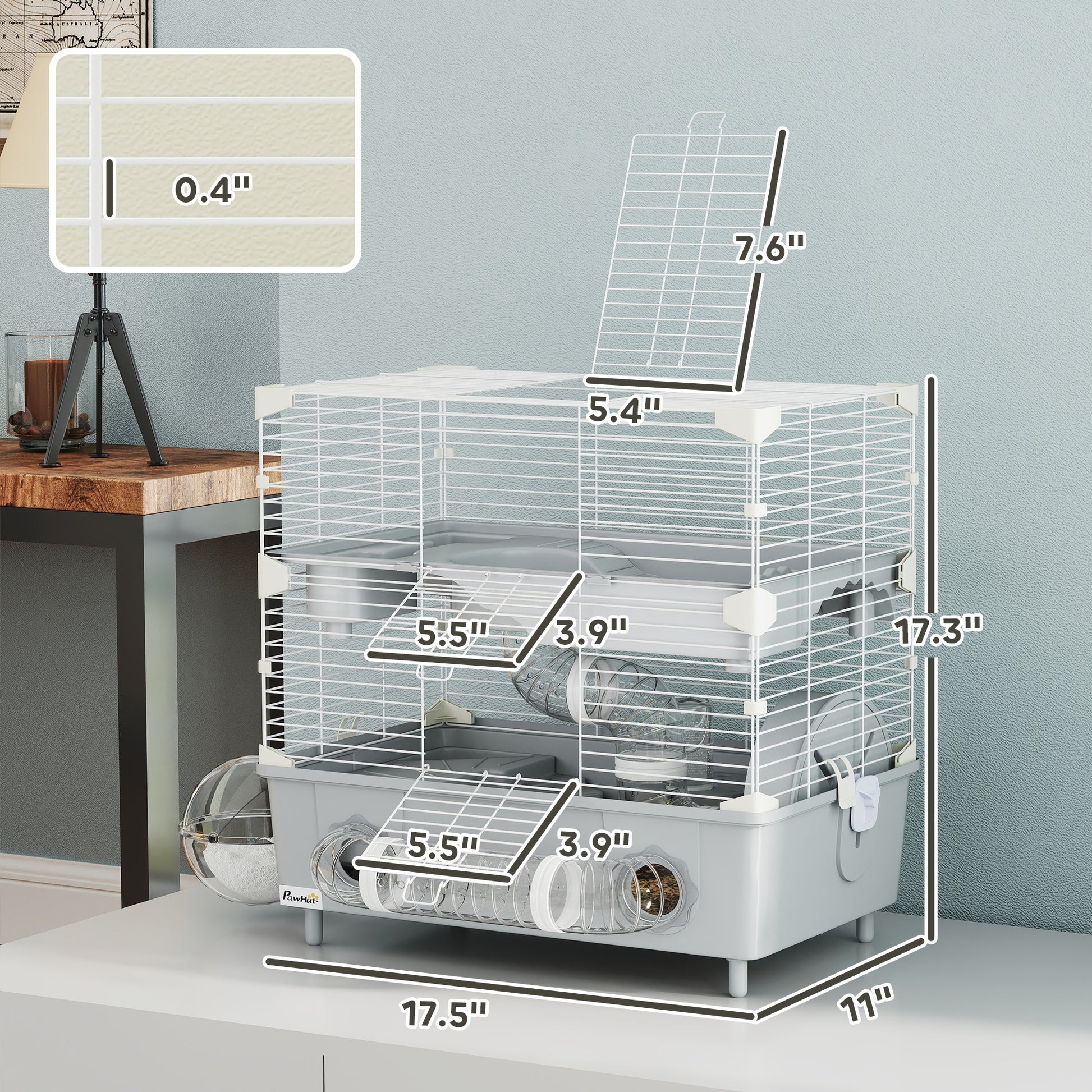 2-Tier Hamster Cage With Sand Bathroom, Running Wheel, Water Bottle, Tubes, Accessories, For Hamster, Gray - DropOnline.co