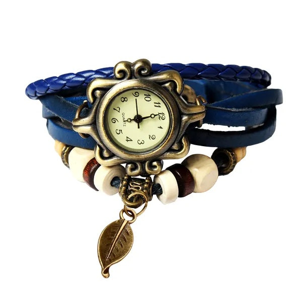 Beautiful Bohemian Style Retro Handmade Leather Tree Leaf Women's Watches Blue - DropOnline.co