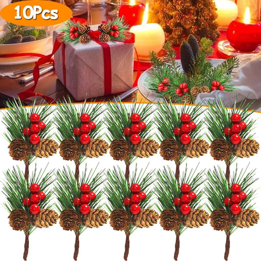 10 PCS Christmas Mini Artificial Pine Picks With Red Berries And Natural Pinecones Evergreen Pine Sprigs Holly Berries Faux Pine Needles For Festival Xmas Decorations Table Centerpiece - DropOnline.co