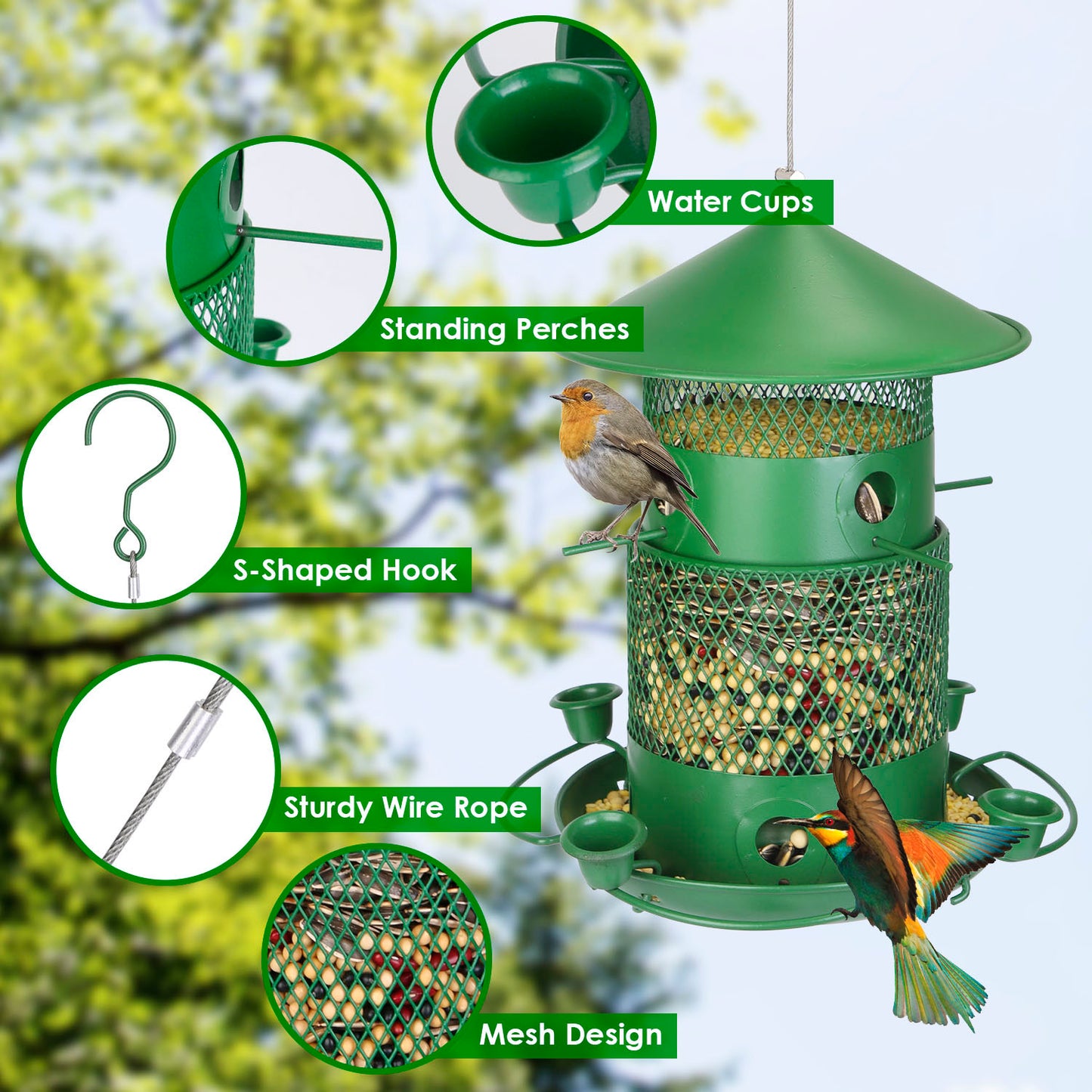 1Pc Wild Bird Feeder Squirrel-Proof Chew-Proof Metal Bird Seed Feeder Outdoor Hanging Bird Feeder With 360 Degree Circular Perches Water Cups For Yard Garden Patio - DropOnline.co