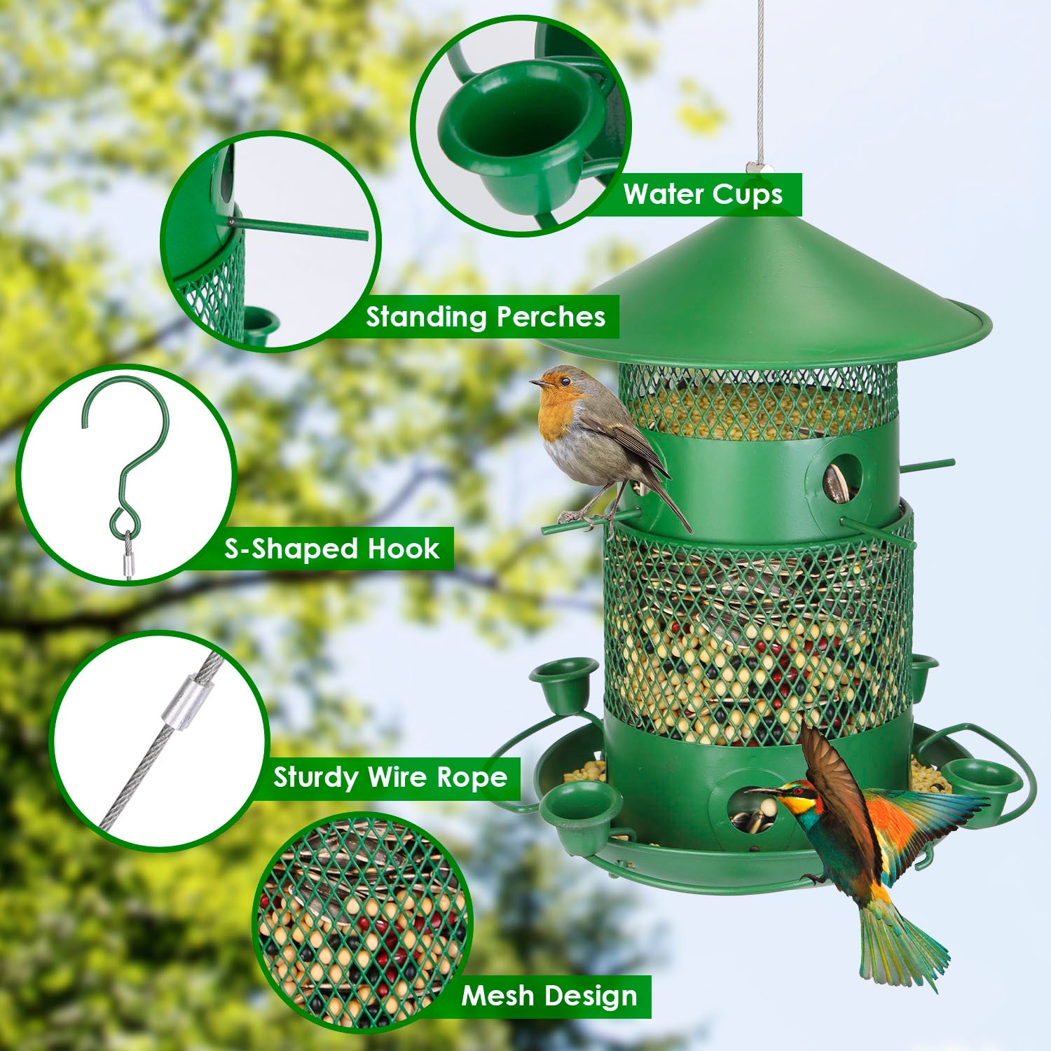 1Pc Wild Bird Feeder Squirrel-Proof Chew-Proof Metal Bird Seed Feeder Outdoor Hanging Bird Feeder With 360 Degree Circular Perches Water Cups For Yard Garden Patio - DropOnline.co
