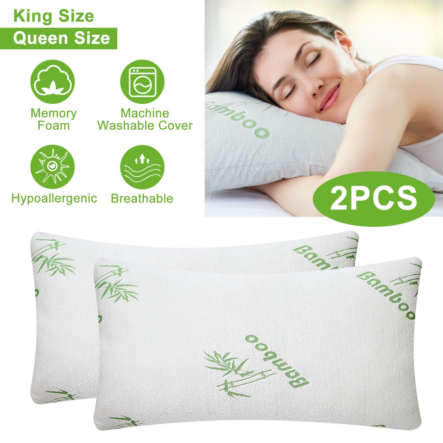 2Pcs Or 1Pcs Bamboo Memory Foam Pillow Hypoallergenic Bed Pillow For Head Neck Rest Sleeping Shredded Pillow Washable Cover Queen Size Pillow - DropOnline.co