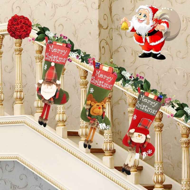 Christmas 3D Plush Big Stockings Set - Santa Snowman Elk Tree Pendant Decorations - DropOnline.co
