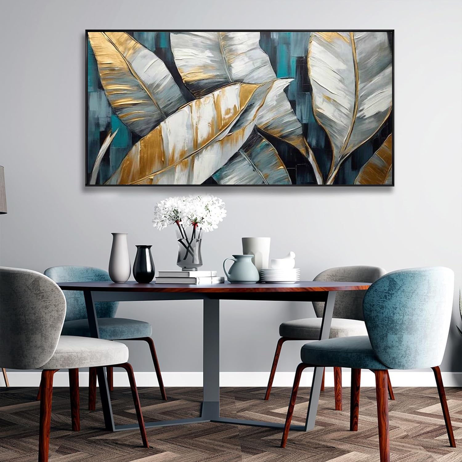 Handmade Oil Painting Canvas Wall Art Decoration Abstract Large Golden Green Banana Leaves Pictures Modern Family Bedroom Decor Rolled Frameless Unstretched Painting - DropOnline.co