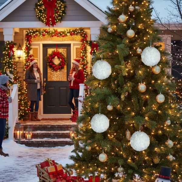 6PCS Cream Ruffle Christmas Ball Ornaments - White Polyester Hanging Tree Decorations (4 inch) - DropOnline.co