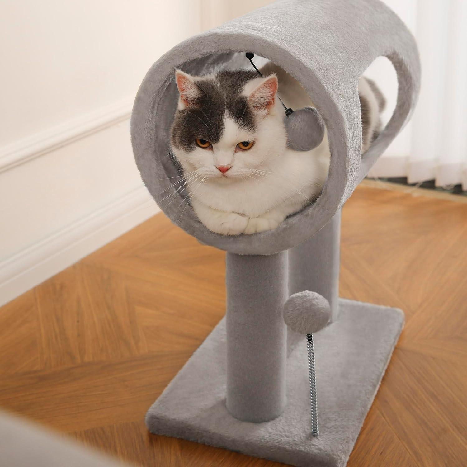 Gray Indoor Cat Tree With Hanging Ball 20.5Cat Tree With Tunnel Bed And Scratching Post Cat Tower - DropOnline.co