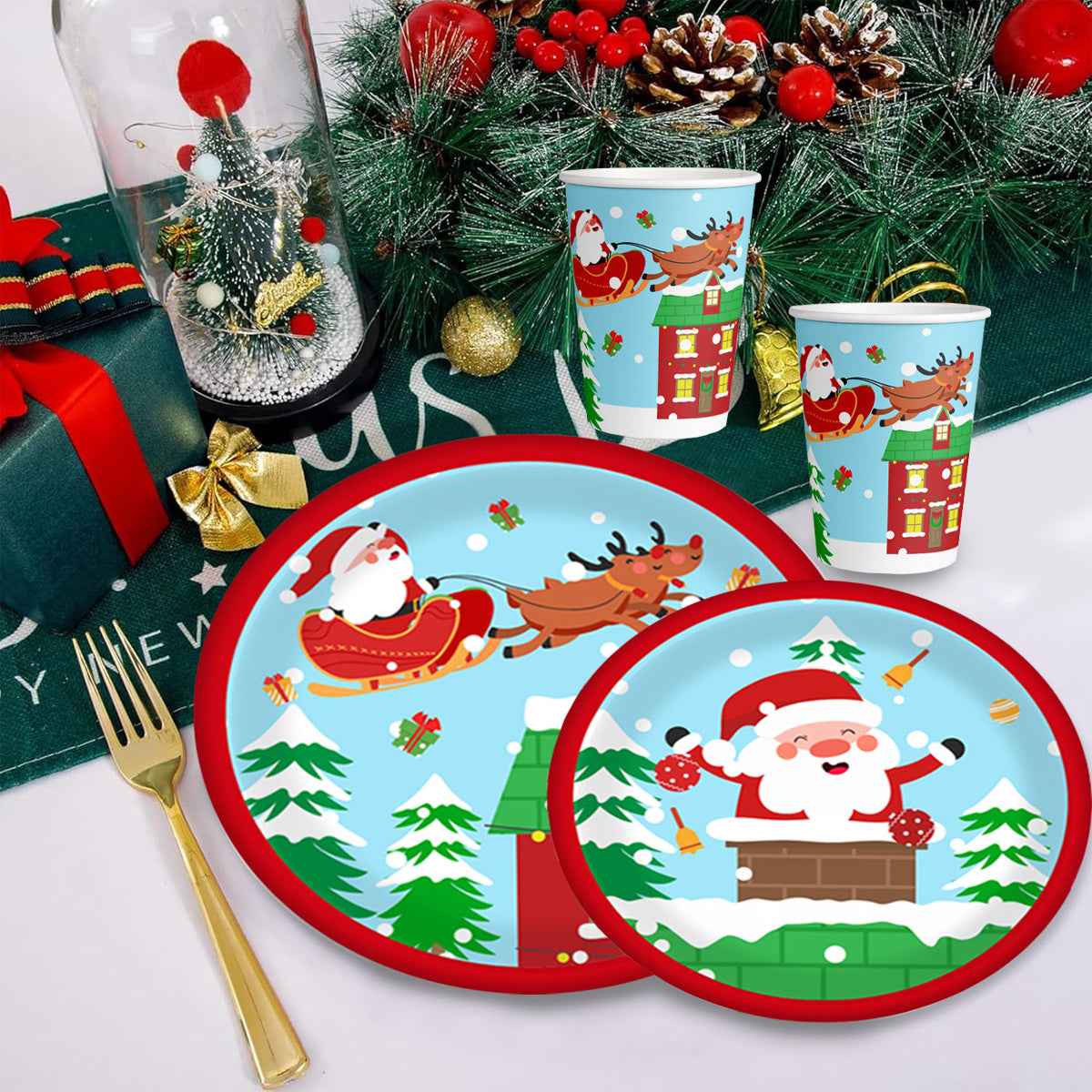 Christmas Paper Plates and Cups Set for 10 Guests - Santa Claus Elk Pattern - DropOnline.co