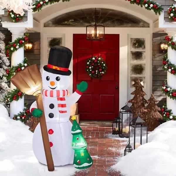 6.2FT Inflatable Snowman Holding Broom - LED Christmas Yard Decoration with Tree - DropOnline.co