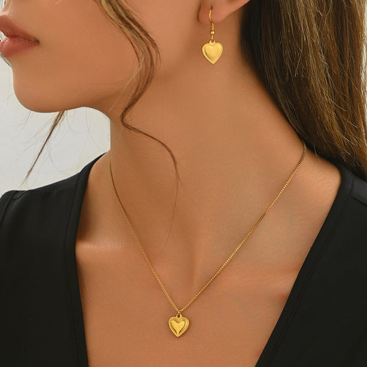 Lxalry 18K Gold Plated Stainless Steel Puffy Heart Pendant Necklace And Earrings Set For Women - Waterproof, Hypoallergenic, Cute Jewelry Gift For Birthday, Anniversary, Daily Wear, Summer Outfits - DropOnline.co