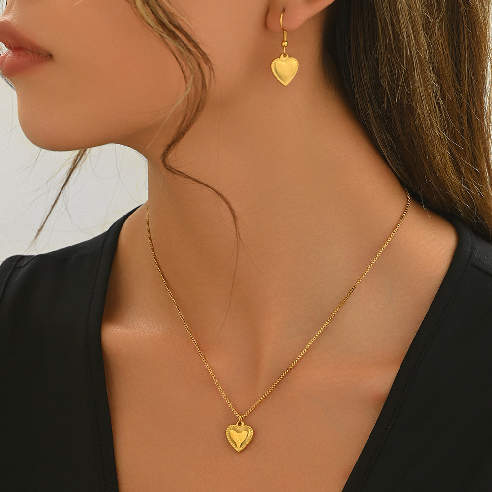 Lxalry 18K Gold Plated Stainless Steel Puffy Heart Pendant Necklace And Earrings Set For Women - Waterproof, Hypoallergenic, Cute Jewelry Gift For Birthday, Anniversary, Daily Wear, Summer Outfits - DropOnline.co