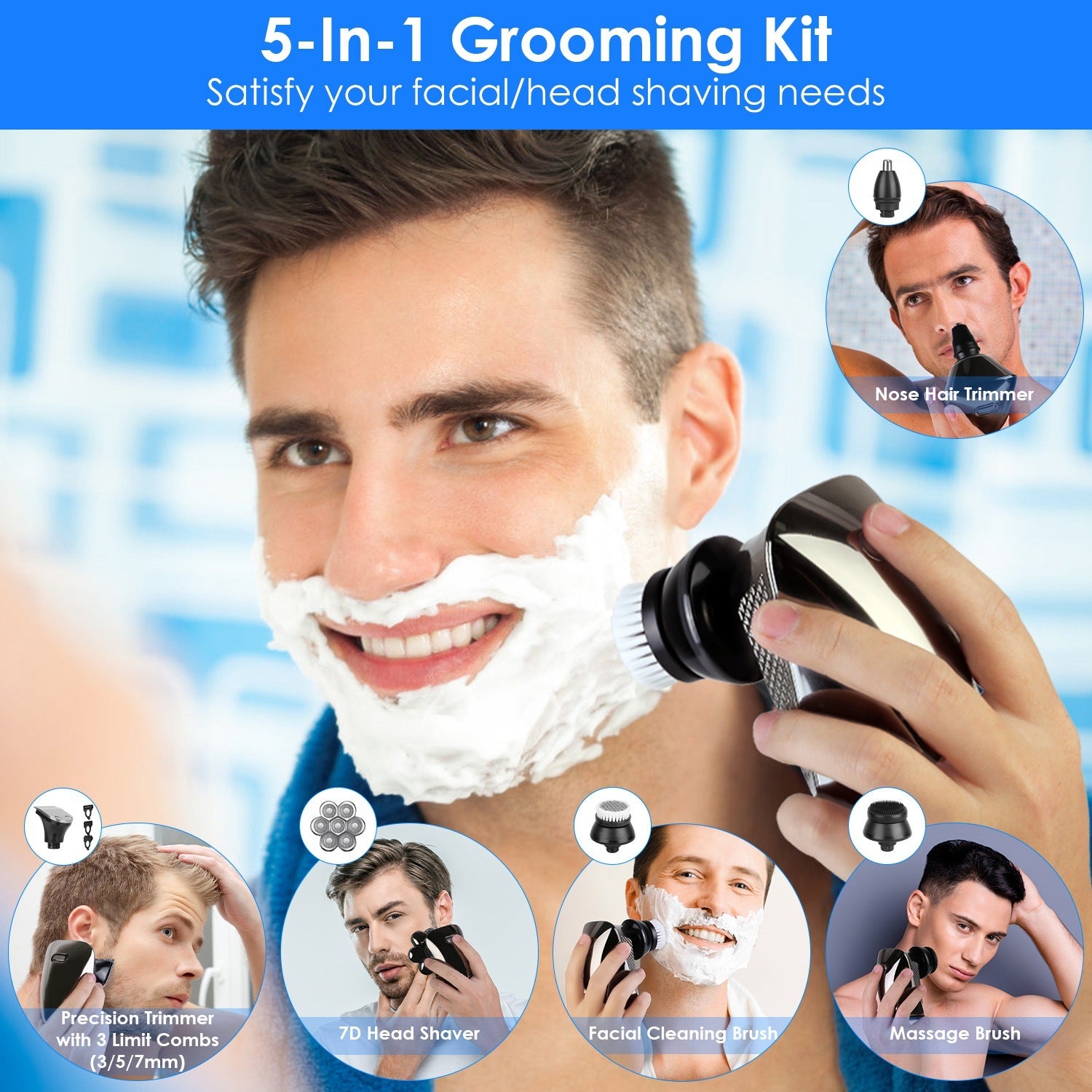 1Pc Head Shavers For Bald Men 5 In 1 7D Electric Rotary Razor Rechargeable Cordless Head Beard Trimmer Shaver Kit IPX6 Waterproof Dry Wet Grooming Kit With 3 Combs - DropOnline.co