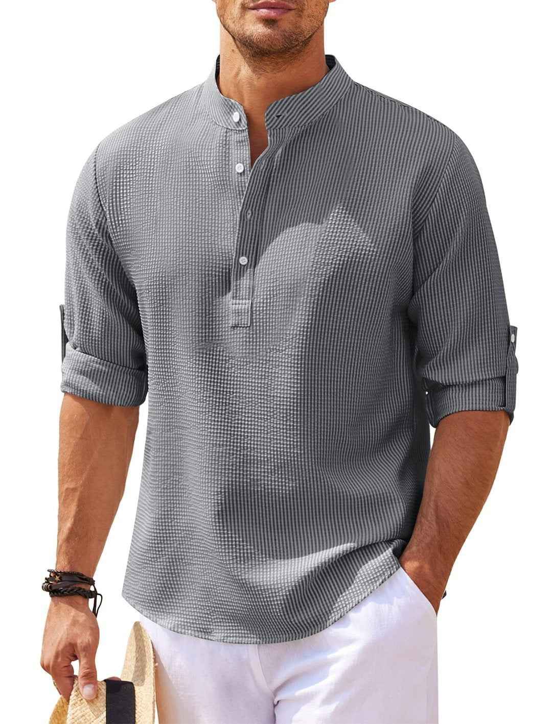 Men's Long Sleeve Stand Collar Shirt - Solid Color Casual Button-Up