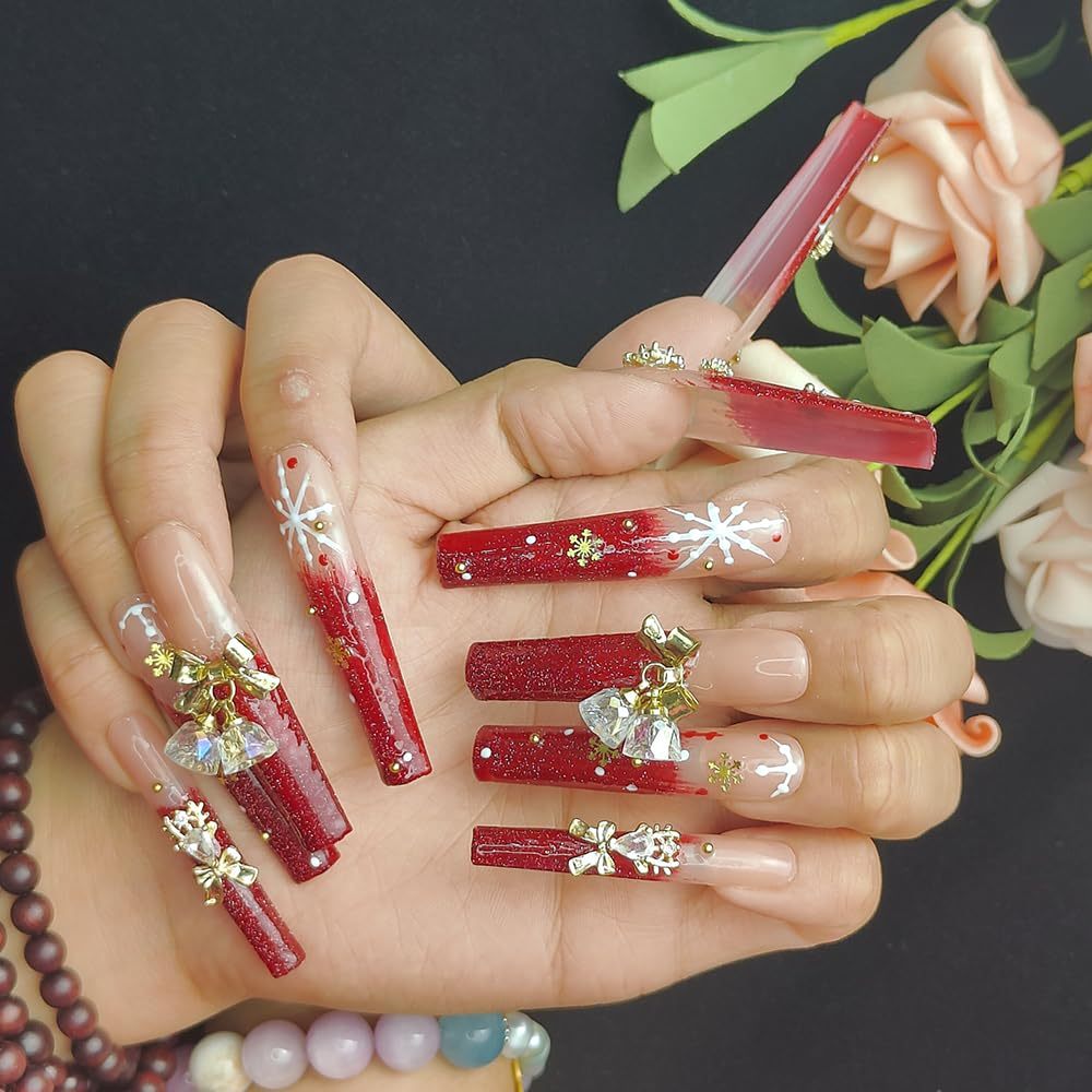 GGddsha Long Handmade PMMA Acrylic Nails Red WithSnowflake Rhinestone Bell Design Reusable Full CoverageFalse Nail Ladies False Nail Set,Lumiere Neige - DropOnline.co