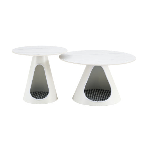 Set Of 2 Coffee Round Tables With A Marble-look Top And Steel Base With 2 Cat Beds Multifunctional And Stylish Entable - DropOnline.co