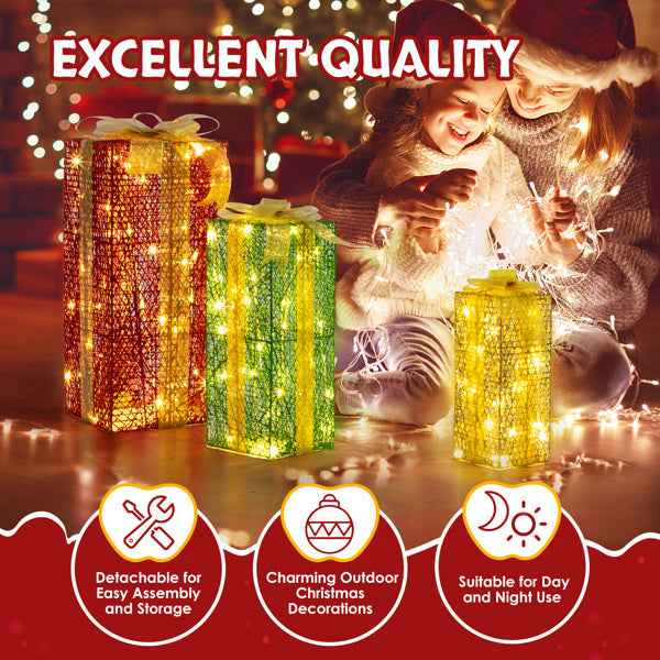 3pcs Green Gold Christmas Lighting Gift Box - 18in-15in-11in Stacking Set - DropOnline.co