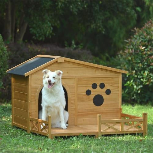 48 Wooden Dog House Outdoor With Porch, Dog Kennel With Water-Resistant Asphalt Roof And Fencing,Indoor & Outdoor Dog Crate With Paw Print, Medium, Nature - DropOnline.co