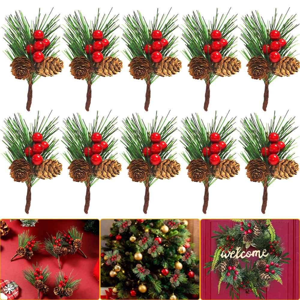 10Pcs Christmas Artificial Pine Picks - Pine Needle Berries Pinecones for DIY Crafts - DropOnline.co