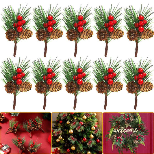 10Pcs Christmas Artificial Pine Picks - Pine Needle Berries Pinecones for DIY Crafts - DropOnline.co