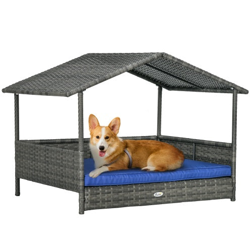 PawHut Wicker Dog House Outdoor With Canopy, Rattan Dog Bed With Water-resistant Cushion, For Small And Medium Dogs, Dark Blue - DropOnline.co