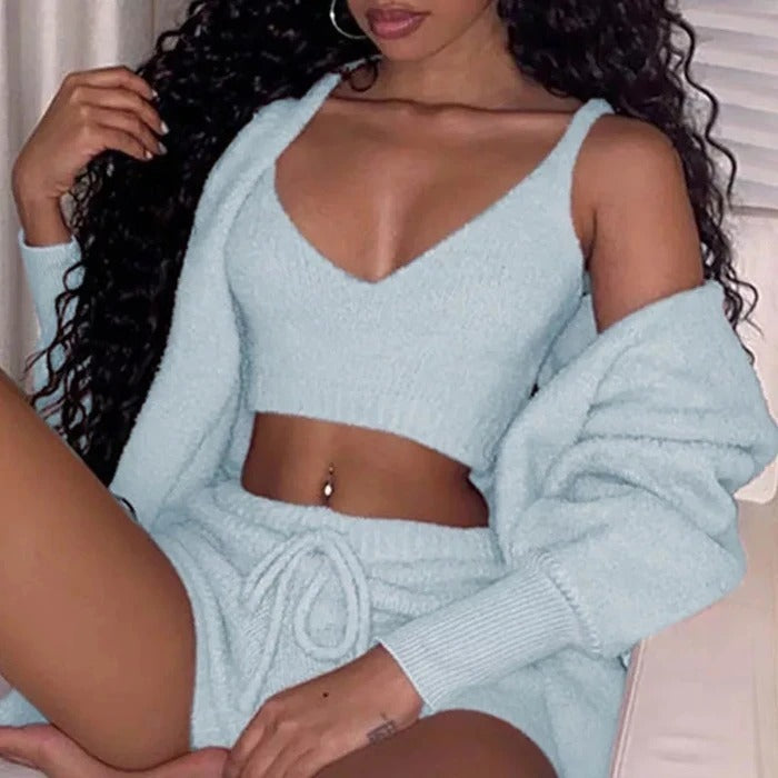 3pcs Womens Clothing Long Sleeve Crop Tank Top And Drawstring Shorts Pajama Set - DropOnline.co