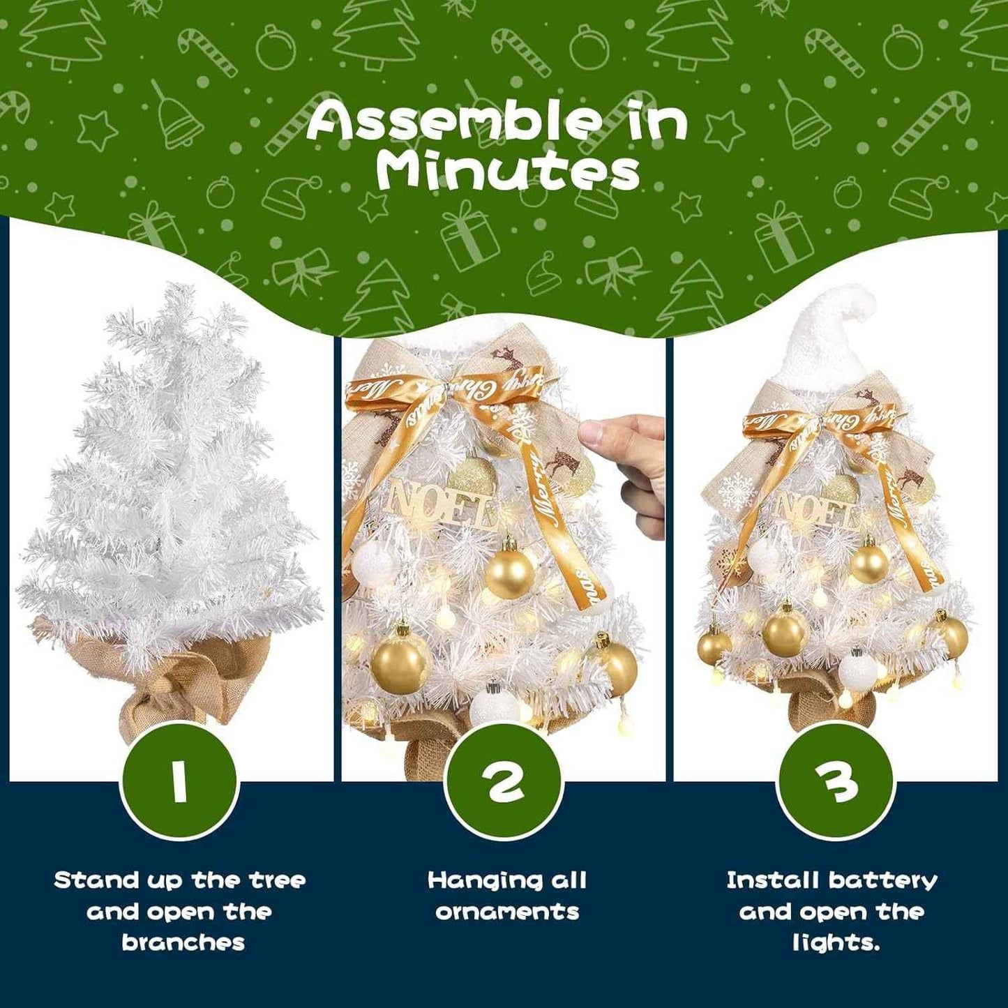 24-Inch Snowy Christmas Tree - Golden Balls, Ribbons & Festive Hat - DropOnline.co