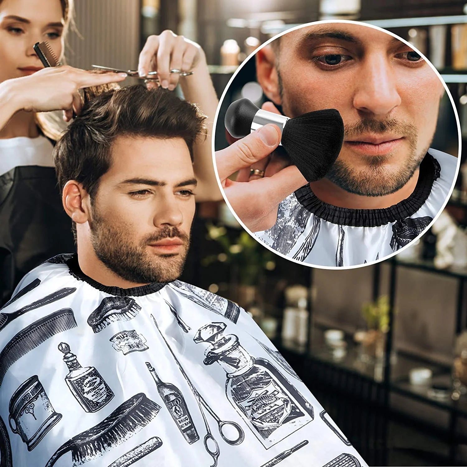 Professional Hair Cutting Cape With Neck Duster Brush, Salon Barber Cape, Hair Cutting Accessories -White Floral Print-Ban On Selling On Amazon - DropOnline.co