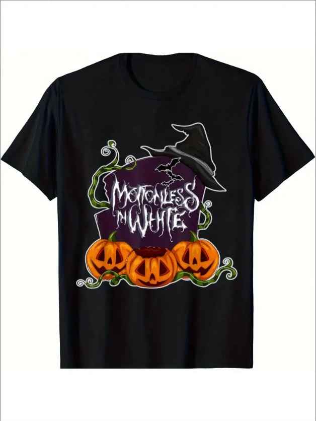 Pumpkin Monster Printed  Round Neck Men's T-shirt Halloween  Sleeved