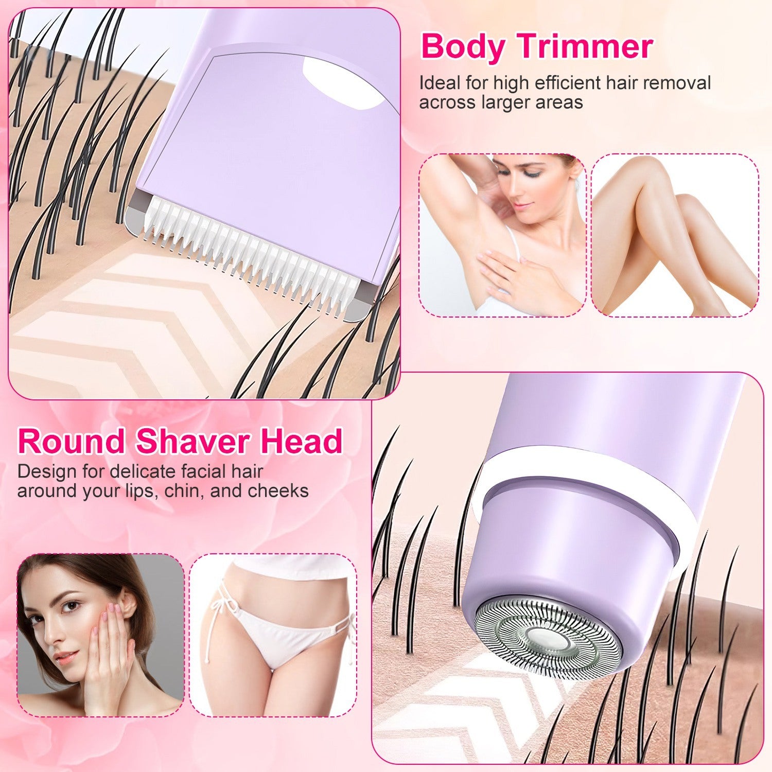 1Pc 2 In 1 Bikini Trimmer For Women Dual Head Cordless Body Shaver IPX5 Waterproof Rechargeable Pubic Hair Razor Wet And Dry Use For Bikini Underarm Leg Arm Body Face - DropOnline.co
