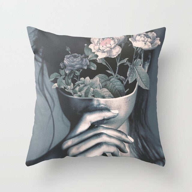 Abstract Print Flower Lady Cushion Cover - Artistic Pillow Cases for Modern Home Decor - DropOnline.co