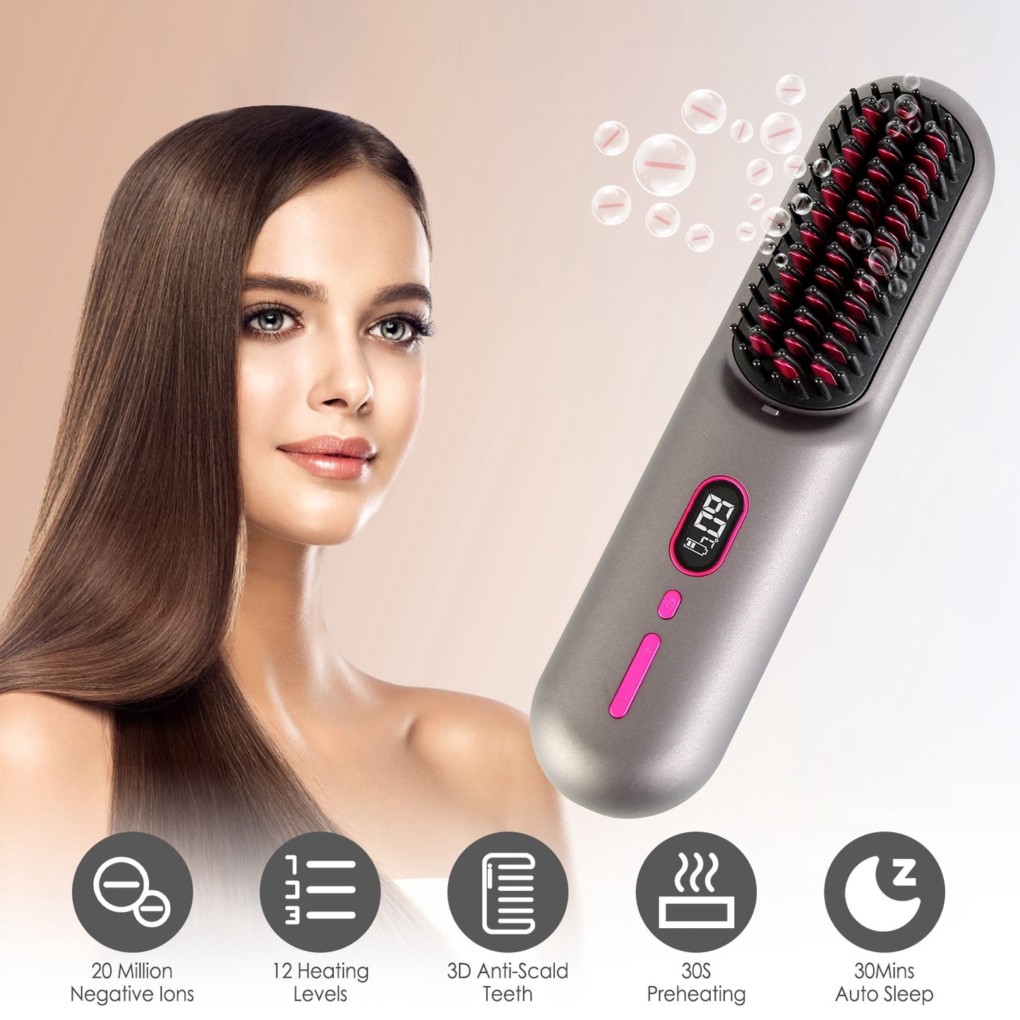 Grey-Black Options -- 1Pc Cordless Negative Ion Hair Straightener Brush Rechargeable Mini Styling Comb With 12 Heating Levels Anti-scald 30S Preheating 30Mins Auto Sleep LCD Display - DropOnline.co