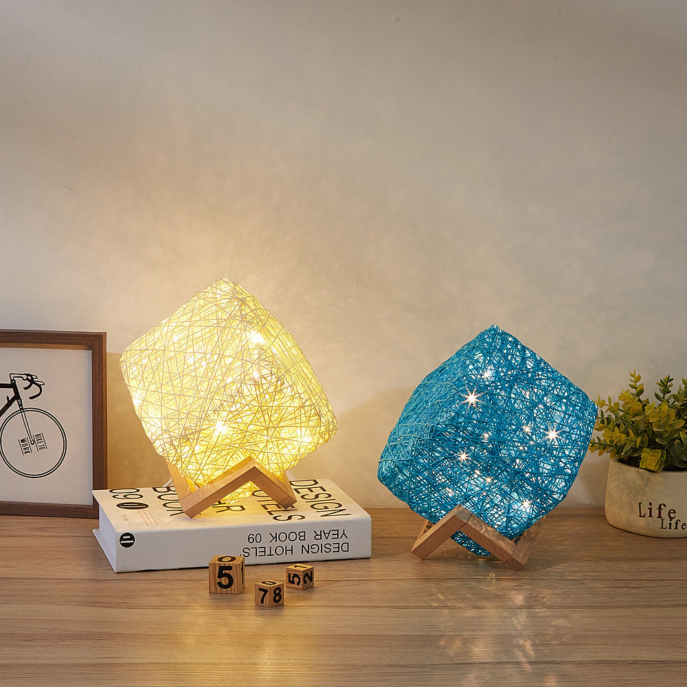 Hand-Knit Dimmable Square LED Desk Lights Wood Rattan Twine USB Charging Table Lamp Girls Bedroom Gift Home Decor Night Lighting - DropOnline.co
