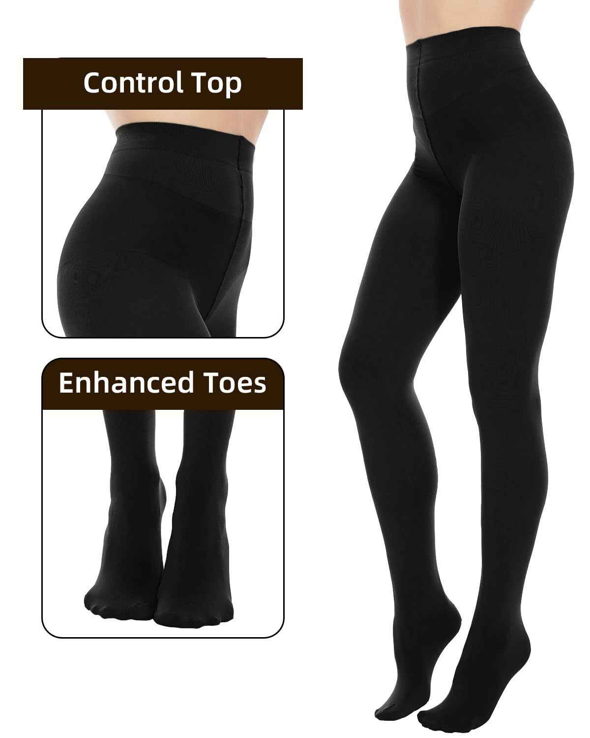 2-Pack 80D Opaque Black Tights for Women - Full Coverage Footed Tights