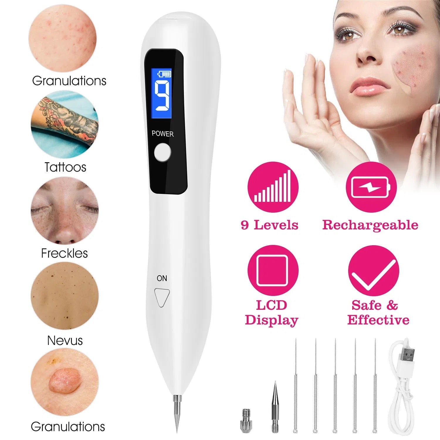 Skin Tag Repair Kit Portable Beauty Equipment Multi-Level With Home Usage USB Charging LCD Level Adjustable 6 Replaceable Needles - DropOnline.co
