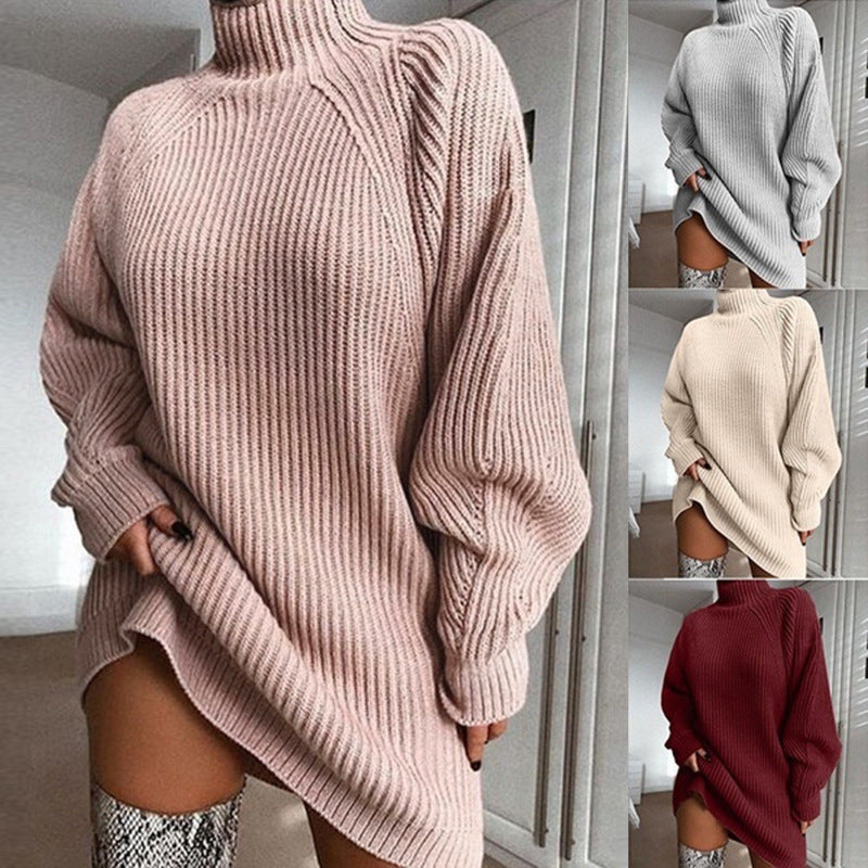 Solid Turtleneck Long Sweater Winter Warm Women Sweater Dress - DropOnline.co