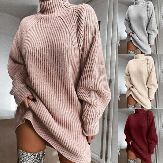 Solid Turtleneck Long Sweater Winter Warm Women Sweater Dress - DropOnline.co