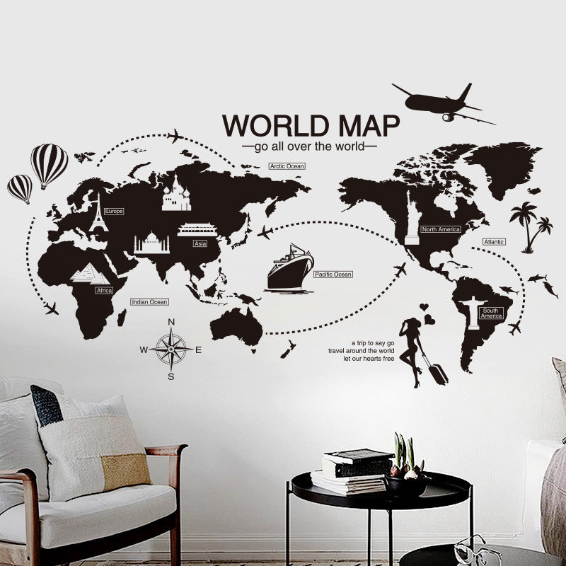 Black World Map Wall Sticker Bedroom Office Artistic Background Removable PVC Muurstickers Home Decor Kids Room Decoration - DropOnline.co