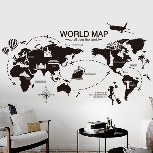 Black World Map Wall Sticker Bedroom Office Artistic Background Removable PVC Muurstickers Home Decor Kids Room Decoration - DropOnline.co