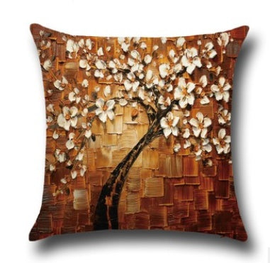 Three-dimensional Oil Painting Trees Flowers Cotton Cushion Cushion Pillowcase Car Waist Cushion Cover - DropOnline.co