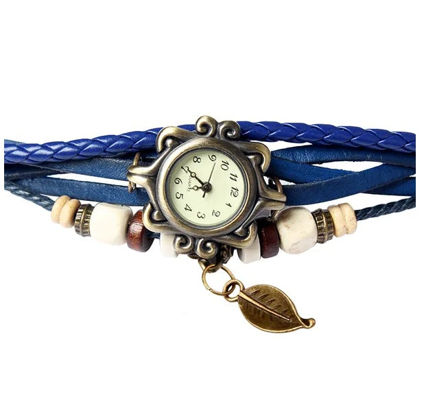Beautiful Bohemian Style Retro Handmade Leather Tree Leaf Women's Watches Blue - DropOnline.co