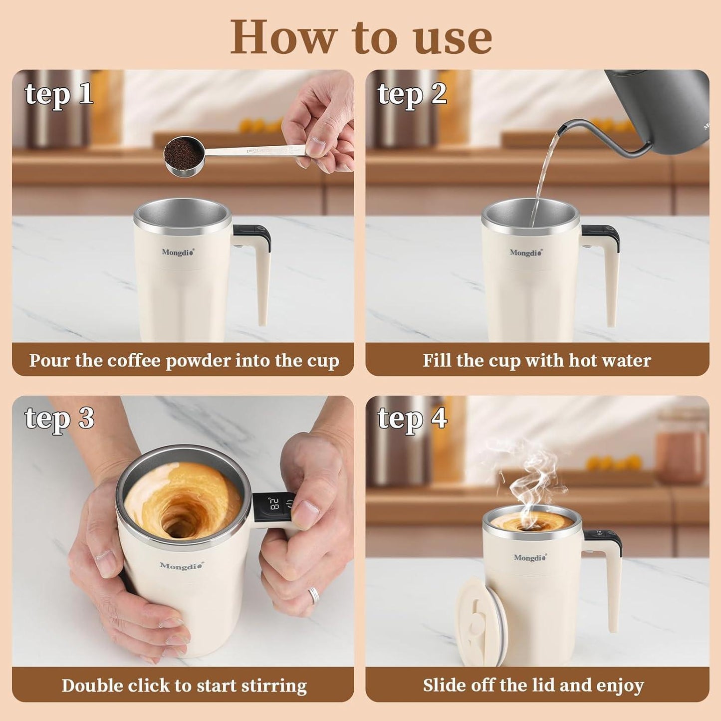 Mocha 12 Oz With Temperature Display Rechargeable Automatic Stirring Coffee Cup With Lid Suitable For Coffee Milk And Other Drinks White - DropOnline.co