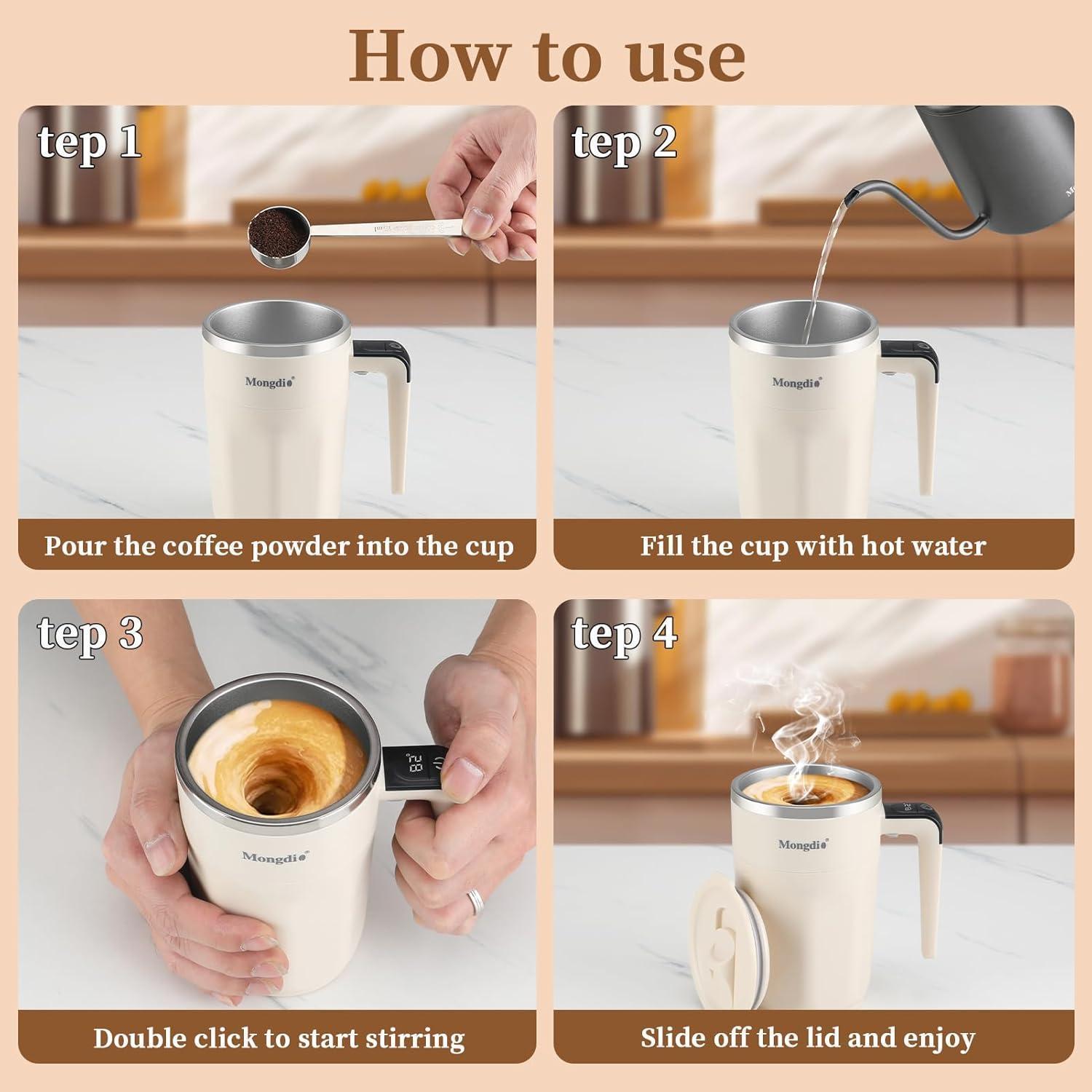 Mocha 12 Oz With Temperature Display Rechargeable Automatic Stirring Coffee Cup With Lid Suitable For Coffee Milk And Other Drinks White - DropOnline.co
