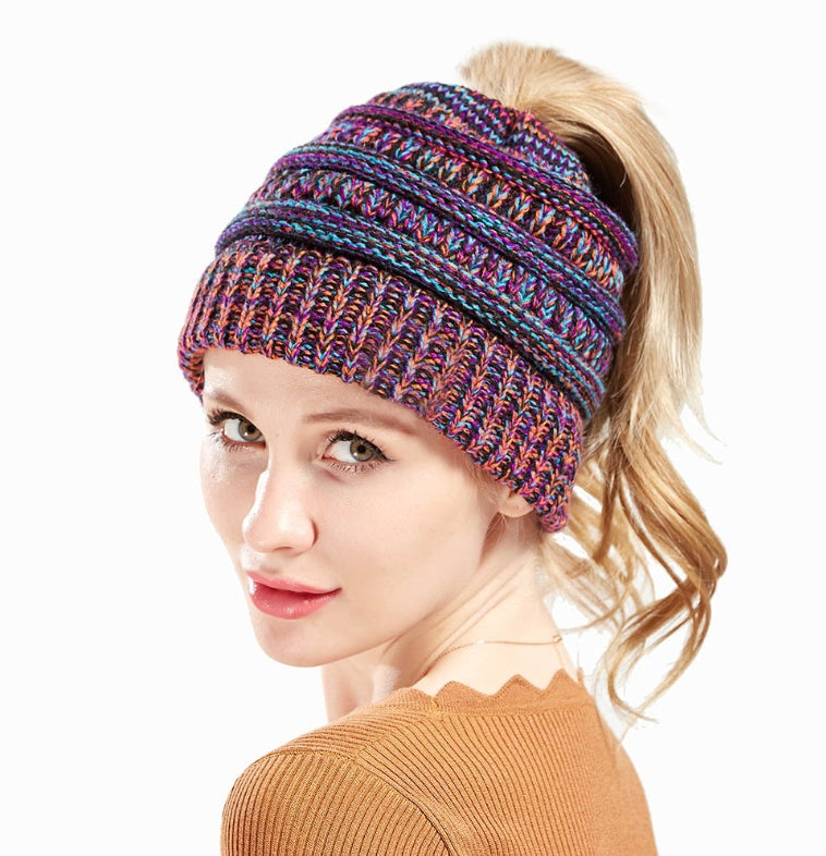 Women's Mixed Color Knitted Wool Hat - Ponytail Beanie - DropOnline.co