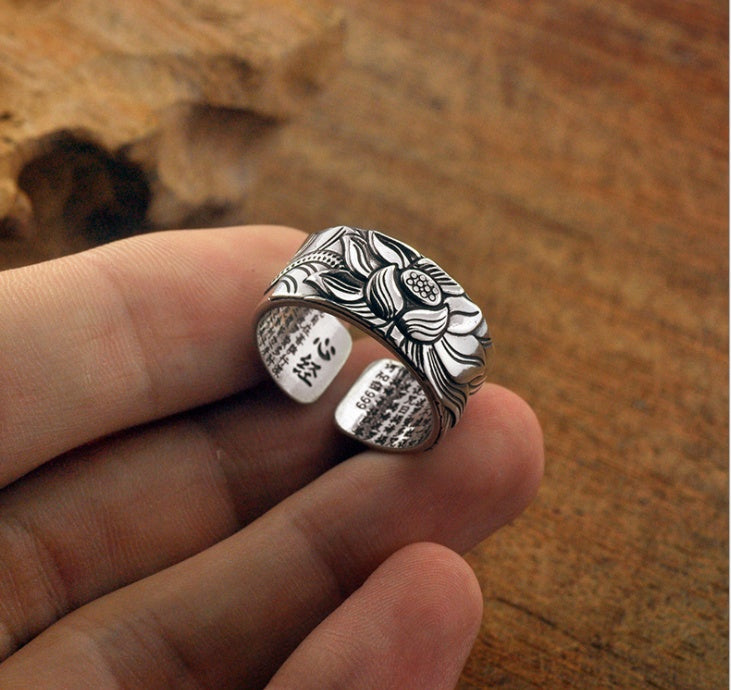 Thai Silver Black Lotus Heart Sutra  Ring - DropOnline.co